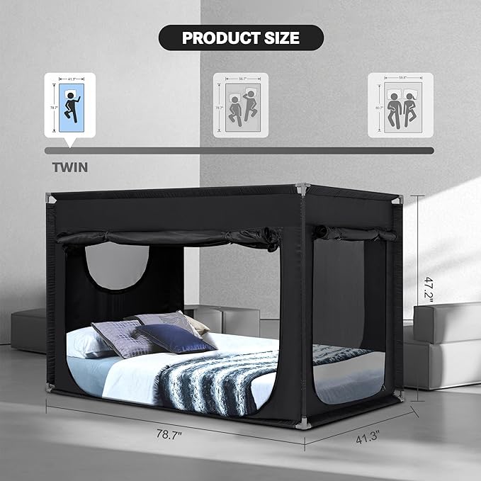 Twin Bed Canopy Portable Blackout Bed Tent Privacy Tent for Adult Indoor Sleeping with 3 Doors, Storage Bag, Black