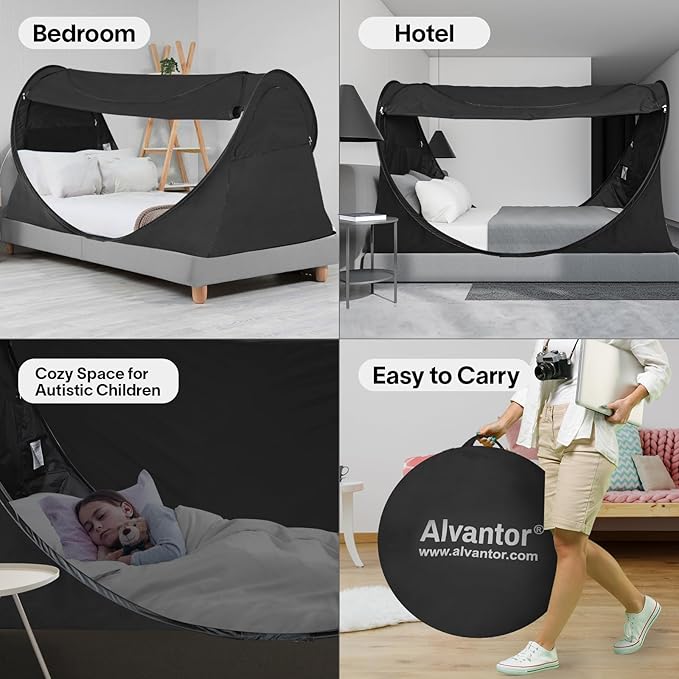 Alvantor® Pop Up Bed Tent Queen No Assembly, Queen Size Bed Canopy Blackout and Breathable Mesh Sleeping Tent Lightweight Portable Dream Tent with Carry Bag Dream Tent for Kids and Adults- Black