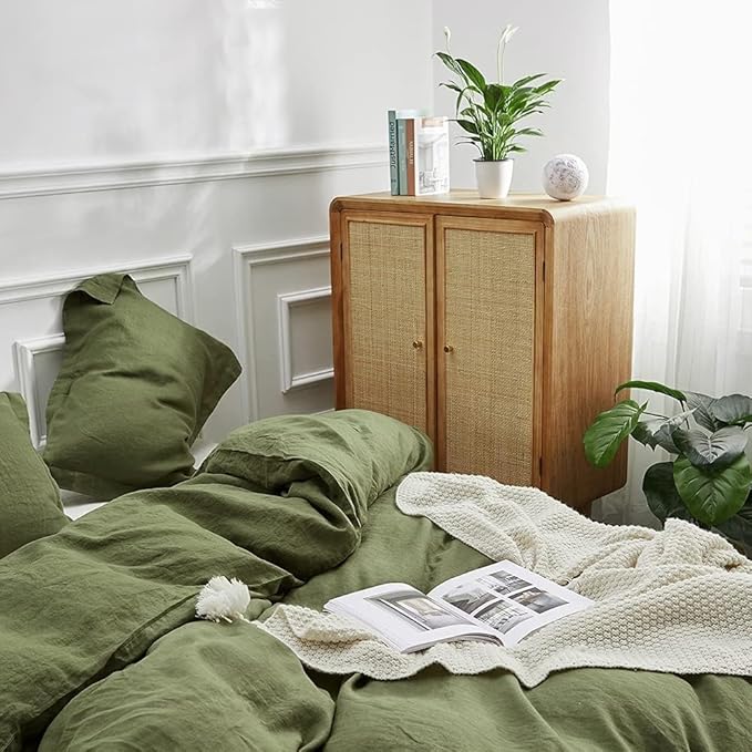 Simple&Opulence 100% Linen Duvet Cover Set, 3 PCS Olive Green Duvet Cover California King Size, Breathable Soft Comfy Linen Bedding Comforter Cover with 2 Pillowcases(Olive Green, 104"x98")