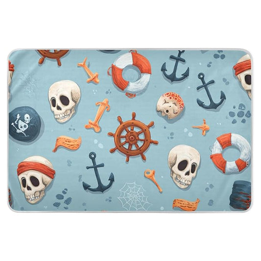 Waterproof Bed Pad Reusable Changing Pad Toddler Mattress Protector Large Pee Pad Baby Diaper Pad Soft Washable Liner Blue Cute Pirate Skulls Ship Wheels Anchors