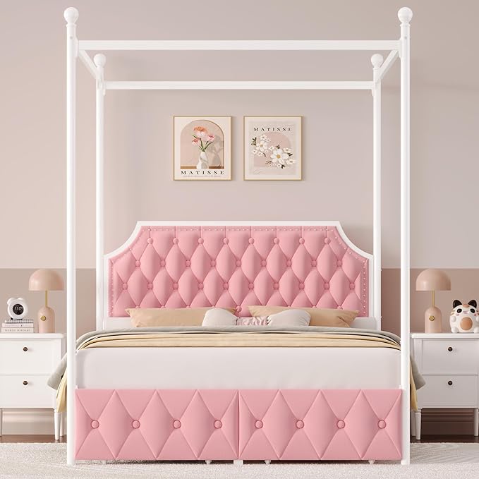 Keyluv Queen Upholstered Canopy Bed Frame with 2 Drawers and Button Tufted Headboard, Metal Platform Bed with 4 Removable Posts Two-Purpose Velvet Bed No Box Spring Needed, Pink/Curtains Not Included