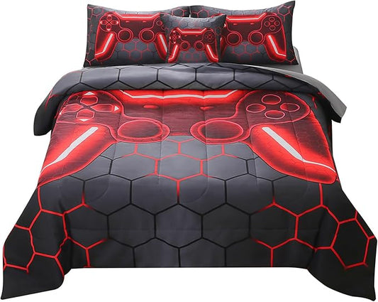 JQinHome Full Gamer Comforter Set for Boys Girls Kids,6 Piece Bed in A Bag 3D Video Game Bedding -All Season Soft Microfiber Down Alternative Comforter Gamer Bedding Sets with Sheets （Red）