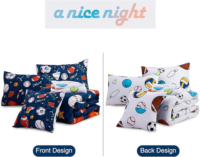 A Nice Night 6Pcs Bed in A Bag Twin Sports Microfiber Modern Comforter Set,Navy Rugby Ball Printed Bedding Collections,for Boys Kids Teen
