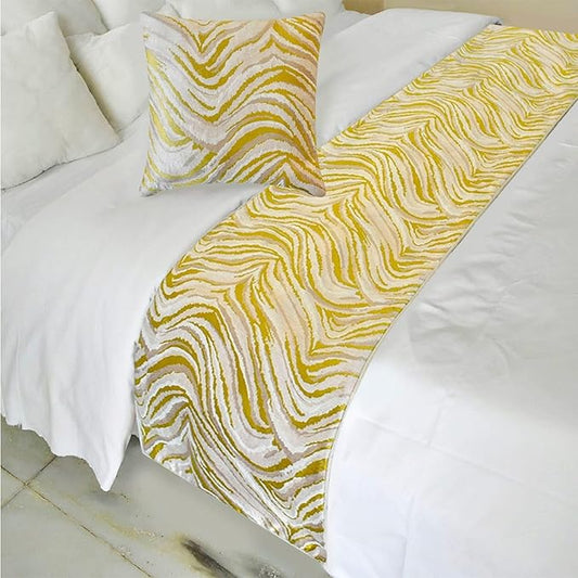 The HomeCentric King/Queen/Twin Yellow & Grey Decorative Bed Runner Full 68"x18" Bed Runner with One Pillow Cover, Abstract Wave Pattern Bed Scarf on Jacquard Fabric - Yellow Whirls