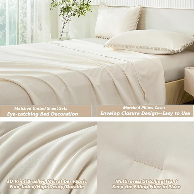 PERFEMET Queen Bed in A Bag Beige 5 Pieces Pom Pom Solid Bedding Set with Sheets Aesthetic Boho Cream Bedspread Comforter Set Soft Lightweight Fluffy Bed Set for All Season(Beige Cream, Queen)