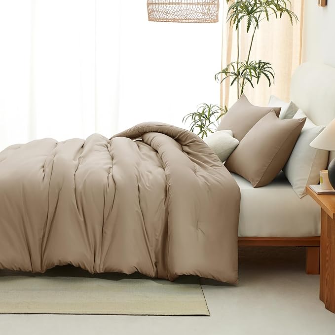 CozyLux Queen Comforter Set Taupe, 3 Pieces Solid Breathable Quilted Style Bedding Sets for All Season, Luxury Soft Microfiber Down Alternative Comforter Bet Set (1 Comforter & 2 Pillowcases)