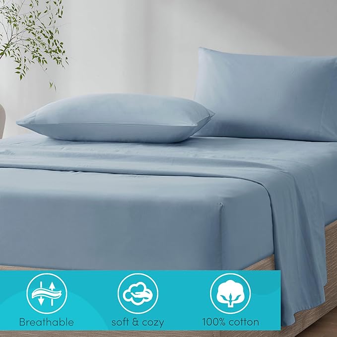 Comfort Spaces 100% Cotton Sheet Set Breathable, Lightweight, Soft with 14" Elastic Pocket Fits up to 16" Mattress, All Season Cozy Bedding, Matching Pillow Case, Full Blue 4 Piece
