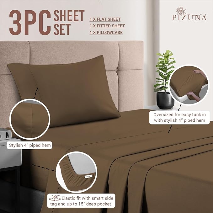 Pizuna Pure 100% Cotton Sheet Set Twin, Luxurious 400 Thread Count Long Staple Cotton Sateen Sheets Twin with 15" Deep Pocket (Woody Brown)