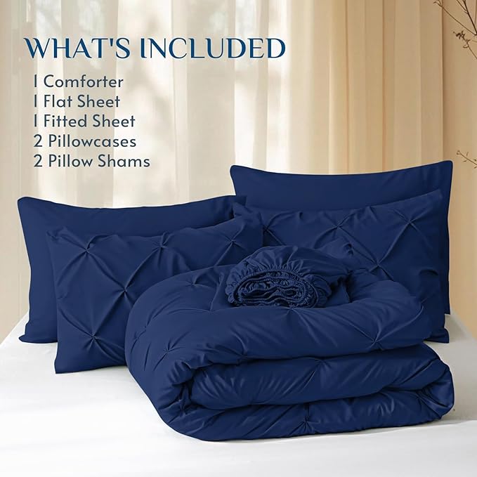 JOLLYVOGUE Queen Comforter Set 7 Pieces - Bed in a Bag Queen for All Season, Pintuck Bedding Comforter Sets with Comforter, Flat Sheet, Fitted Sheet and Pillowcases & Shams, Navy