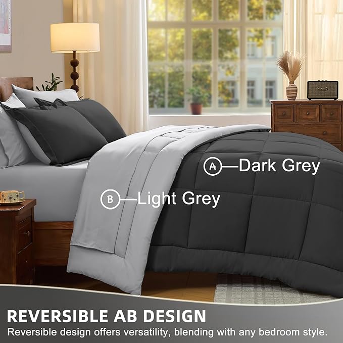 FUANNA Queen Comforter Set 7 Pieces, Reversible Bed in a Bag with All Season Soft Comforter, Bedding Sets Includes Comforter, Flat Sheet, Fitted Sheet, Pillowcases & Shams, Dark Grey & Light Grey
