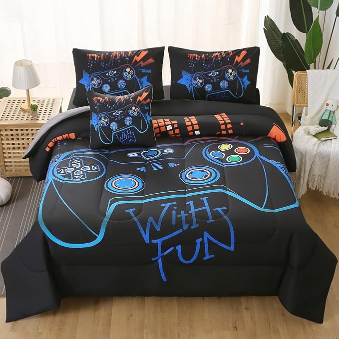 JQinHome Full Gaming Comforter Sets for Boys,6 Piece Bed in A Bag 3D Video Game Bedding -All Season Soft Microfiber Gamer Bedding Sets for Kids,Pillowcase, Flat Sheet, Fitted Sheet,Cushion Cover