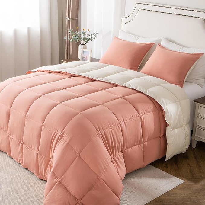 KASENTEX King Comforter Set – Reversible Dual Color – Goose Down Alternative – Ultra-Soft, Lightweight, Machine Washable, Maintain Fluffiness, All Season Warmth (Rose/Beige)