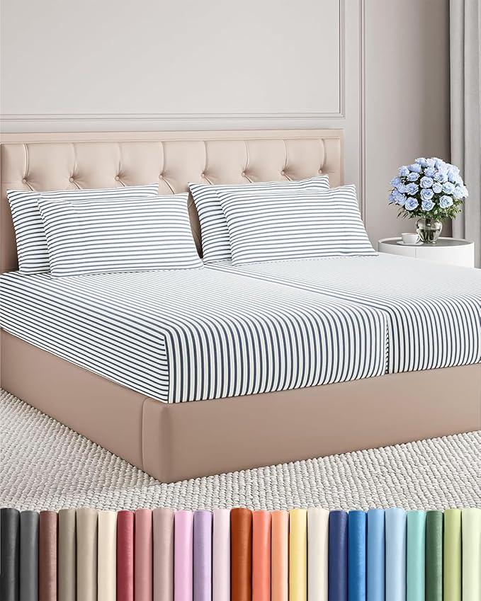 Split King 7 Piece Sheet Set - Comfy Breathable & Cooling - Soft Hotel Luxury Bedding Set w/ 8-16 Inch Deep Pockets - 1 Flat & 2 Fitted Sheet & 4 Pillowcases - Cozy and Wrinkle Free - Blue Stripes 2