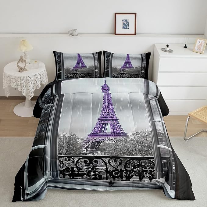 Erosebridal Purple Eiffel Tower Comforter Set Twin,Vintage France Paris Bedding Set for Girls Boys Teens Women Retro City Building Down Comforter Romantic Rainy Day Quilt Pillow Case Bedroom Decor