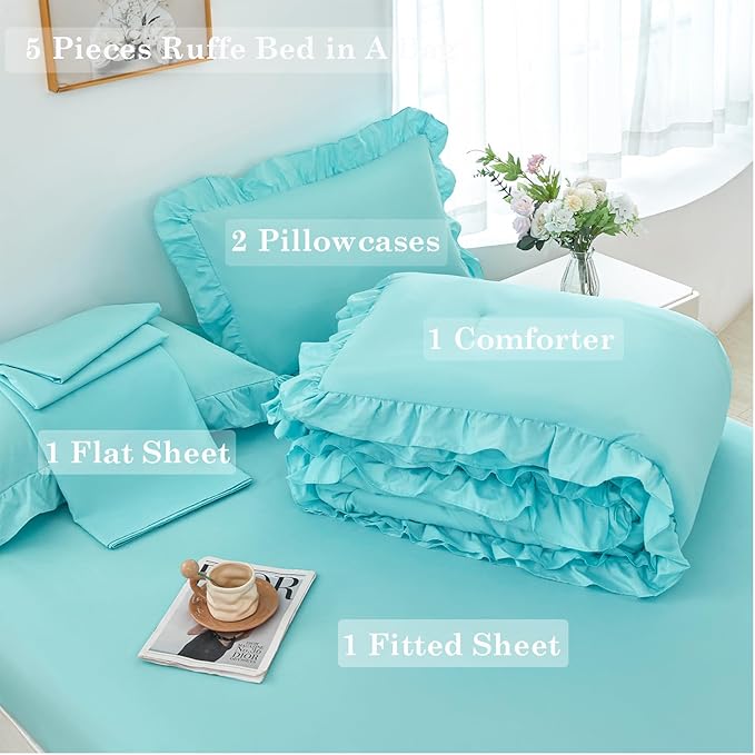 ANGIYUIN 5 Pieces Full Size Bed in A Bag Aqua Blue Ruffle Comforter Sets for Kids Teens Solid Elegance Bedding Sets Soft Lightweight Bedding Comforter Sets(Aqua Blue Full)