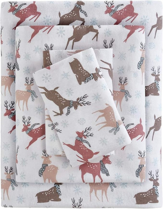 Sleep Philosophy True North Cozy Flannel Warm 100% Cotton Sheet - Novelty Print Animals Stars Cute Ultra Soft Cold Weather Bedding Set, King, Reindeer 4 Piece
