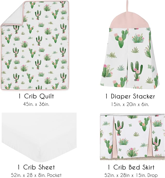 Sweet Jojo Designs 4-Piece Baby Crib Bedding Set (Cactus Boho Floral) for Girls, Infants/Nursery incl. Blanket, Fitted Sheet, Skirt, Diaper Stacker (Shabby Chic, Bohemian, Farmhouse, Flower, Desert)