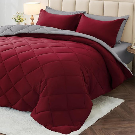 MUXHOMO 5 Pieces Twin XL Comforter Set, Reversible Bed in a Bag Twin XL Size, All Season Bedding Set with Comforter, Flat Sheet, Fitted Sheet, Pillowcases & Shams, Burgundy & Grey