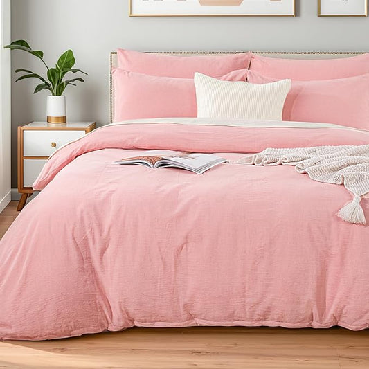 NEXHOME PRO Duvet Cover Queen 100% Washed Cotton, Organic Natural Linen Like Textured, Breathable, Durable, Home Bedding Set, Heathered Pink 9090