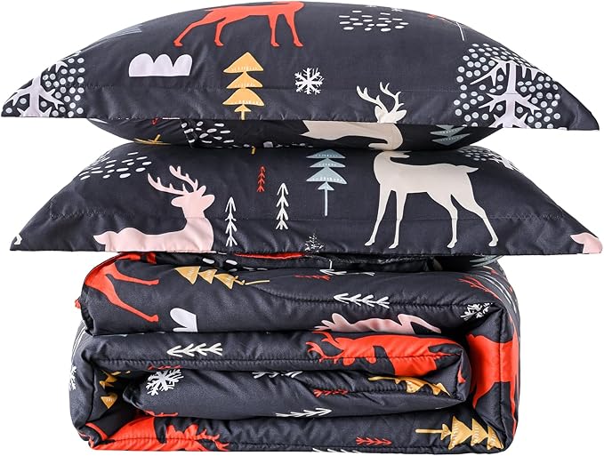 Yibeizi Christmas Comforter Set Twin, Kids Cute Tree Reindeer Printed Bedding Set with Pillow Sham, Lightweight Soft Breathable Machine Washable Quilted Bed Comforter Set 2 Piece