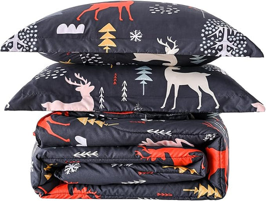 Yibeizi Christmas Comforter Set Twin, Kids Cute Tree Reindeer Printed Bedding Set with Pillow Sham, Lightweight Soft Breathable Machine Washable Quilted Bed Comforter Set 2 Piece