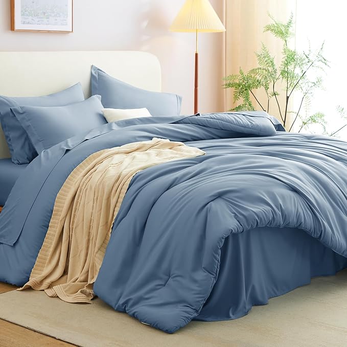 CozyLux Oversized King Comforter Set Grayish Blue, 7 Pieces Bed in a Bag Comforter Set with Sheets, Soft Bedding Sets with Down Alternative Comforter, Fitted Sheet, Flat Sheet, Pillowcases and Shams