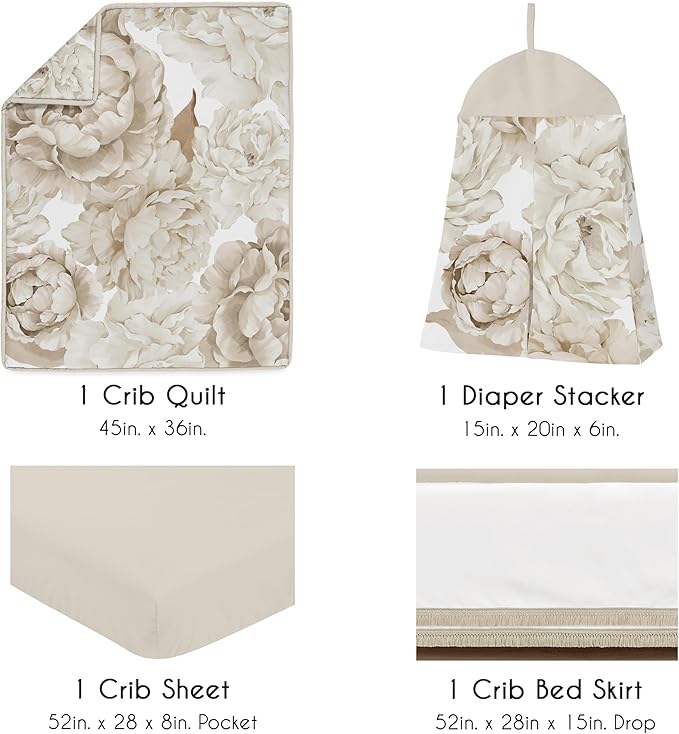 Sweet Jojo Designs 4-Piece Baby Crib Bedding Set (Boho Shabby Chic Floral) for Girls, Infants/Nursery incl. Blanket, Fitted Sheet, Skirt, Diaper Stacker (Taupe, Bohemian, Vintage, Garden, Watercolor)