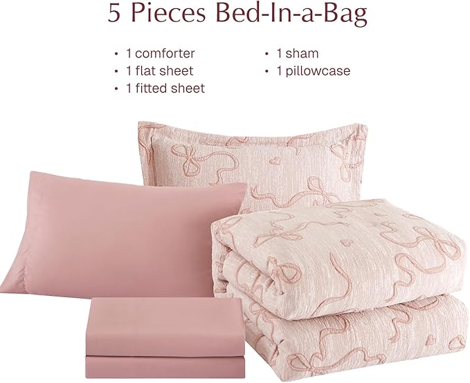 Geniospin Pink Twin Comforter Set for Girls- 5 Pieces Bowknot Jacquard Bed in A Bag Twin Bedding Sets with Sheets, Pillowcases & Shams, All Season Kids Comforter Set