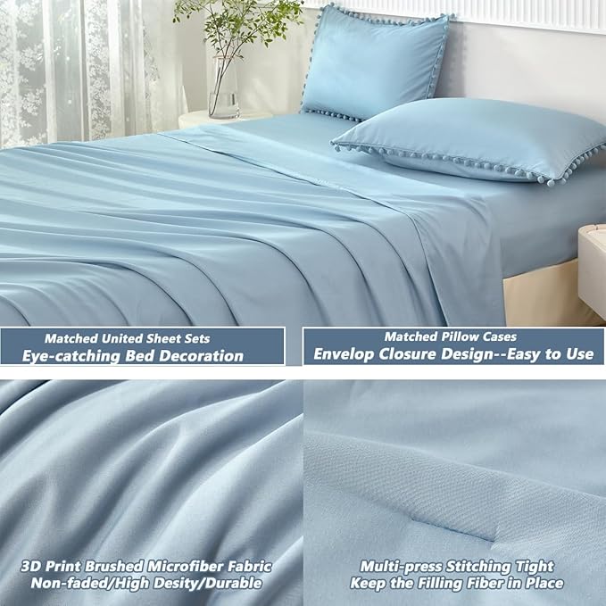 PERFEMET Full Pom Pom Comforter 5 Pieces Aesthetic Grayish Blue Pom Bed in A Bag Soft Fluffy Blue Solid Bedding Sheets and Comforter for Boys Kids(Grayish Blue, Full)