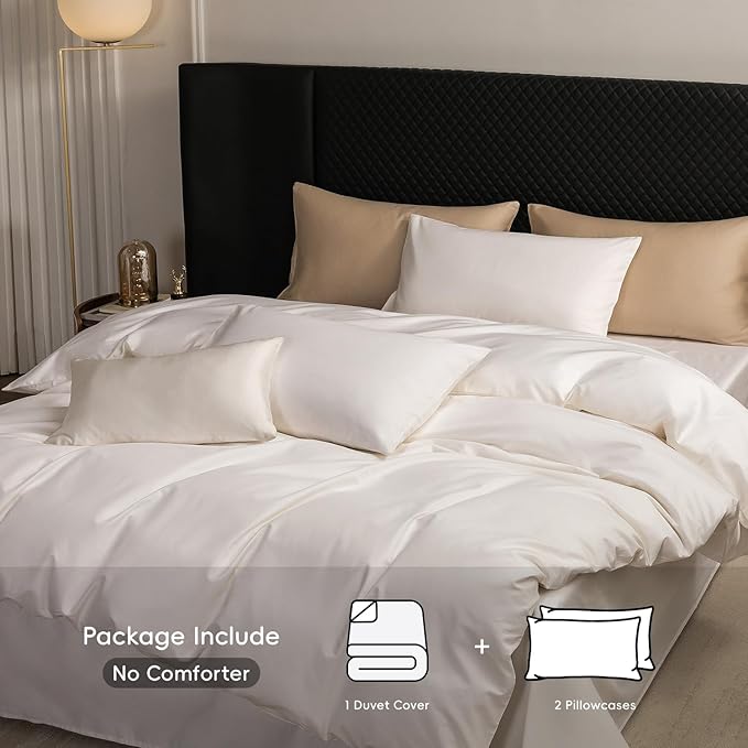 MooMee Queen Duvet Cover Set, 100% Extra Long Staple Cotton 600 Thread Count Sateen Silky Soft Breathable Durable Luxury Hotel Quality Bedding Set, 3 Pieces (Creamy White, Queen 90"x90")