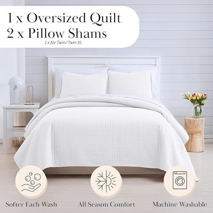 Southshore Fine Living, Inc. XL Twin Quilt Set, Microfiber Quilted Bedspread, Twin Bedding Coverlet Set with Pillow Sham, Wrinkle-Free, Stain & Pet Hair Resistant Bedding, Bright White Quilt