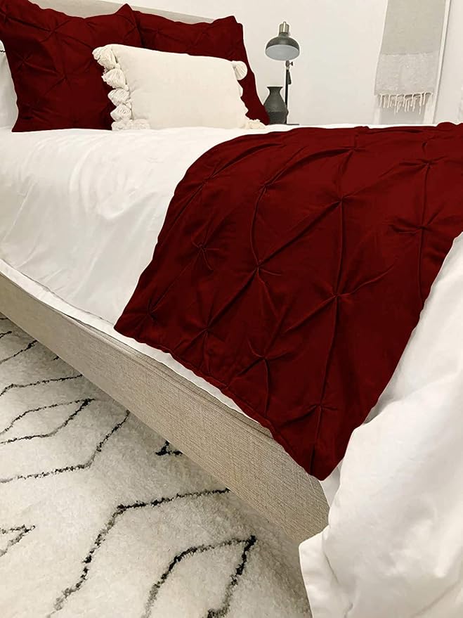 Bed Runner Set - 100% Pure Cotton 800 Thread Count - Luxury 1 Pinch Pleated Bed Runner and 2 Pillow Cover - 3 Piece Pinch Pleated Bed Runner Set King, Burgundy