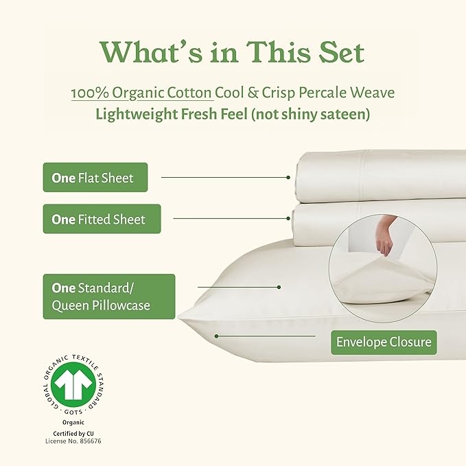 California Design Den XL Twin Sheets Set - Soft 100% Organic Cotton Sheets with Deep Pockets, Crisp Percale, Breathable and Durable Bedding, Dorm Essentials for Guys - Ivory (Cream Tone)