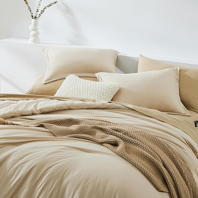 WRENSONGE Queen Comforter Set- 7 Pieces Beige Bed in a Bag Queen with Fitted Sheet, Flat Sheet, 2 Pillow Shams, and 2 Pillowcases- Warm Bed Set for All Season