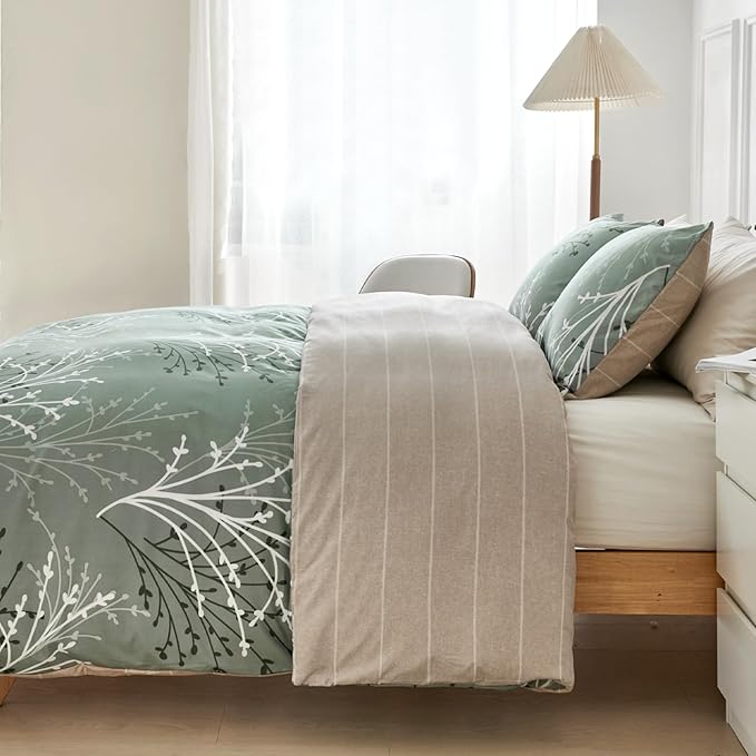 Lekesky Green Duvet Cover King Size, Reversible Floral King Comforter Cover with Branch Pattern, Soft 100% Washed Microfiber 3 Pieces Green Bedding Set with Zipper and 2 Pillowcases 20"x36"