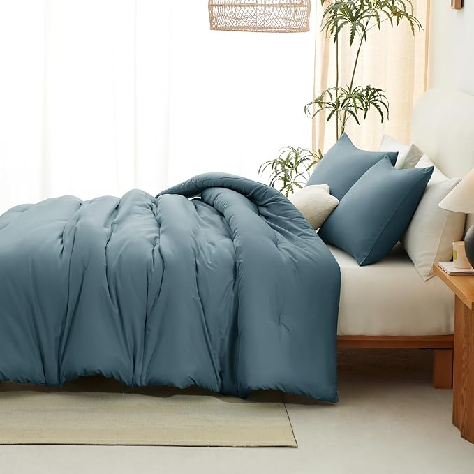 CozyLux Queen Comforter Set Mineral Blue, 3 Pieces Solid Queen Comforter Breathable Quilted Bedding Sets, Luxury Soft Bed Set with Down Alternative Comforter All Season (1 Comforter & 2 Pillowcases)