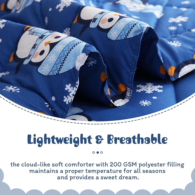 JSD Penguin Snowflakes Kids Christmas Comforter Set Twin Size, 2 Piece Xmas Printed Microfiber Bedding Set, Machine Washable