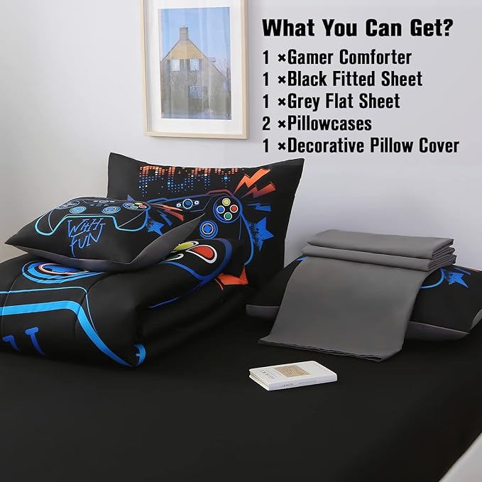 JQinHome Twin Gaming Comforter Sets for Boys,6 Piece Bed in A Bag 3D Video Game Bedding -All Season Soft Microfiber Gamer Bedding Sets for Kids, Pillowcase, Flat Sheet, Fitted Sheet,Cushion Cover