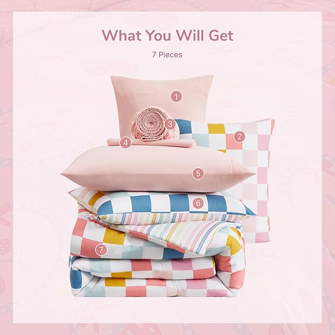 Full Size Comforter Set for Girls-7 Pieces Colorful Check Full Bedding Sets for Kids, Ultra Soft Bed in A Bag with Sheets