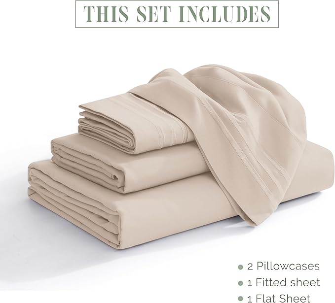 Elegant Comfort Luxurious 1500 Premium Hotel Quality Microfiber Three Line Embroidered Softest 4-Piece Bed Sheet Set, Wrinkle and Fade Resistant, RV Short Queen, Cream