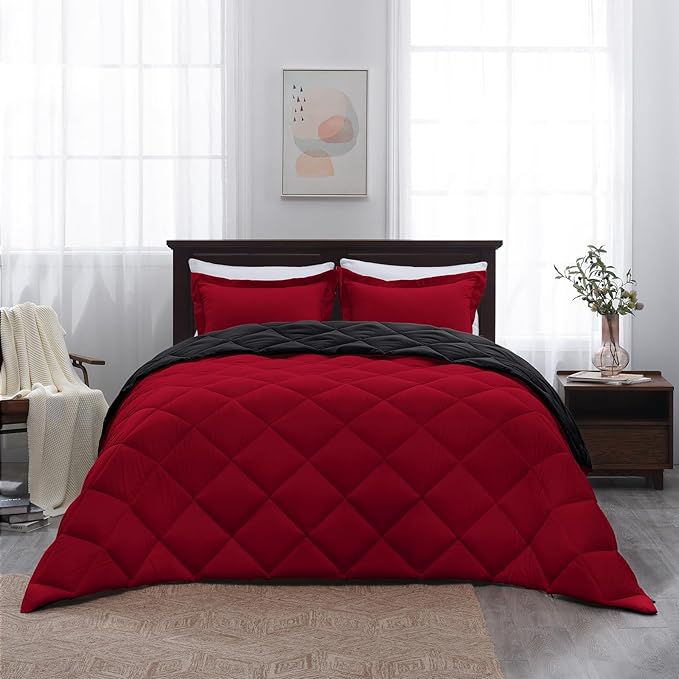 Basic Beyond Queen Comforter Set, Red and Black Comforter Set Queen Size, Reversible Bed Comforter Queen Bed Set for All Seasons, 1 Comforter (88"x92") and 2 Pillow Shams (20"x26"+2")