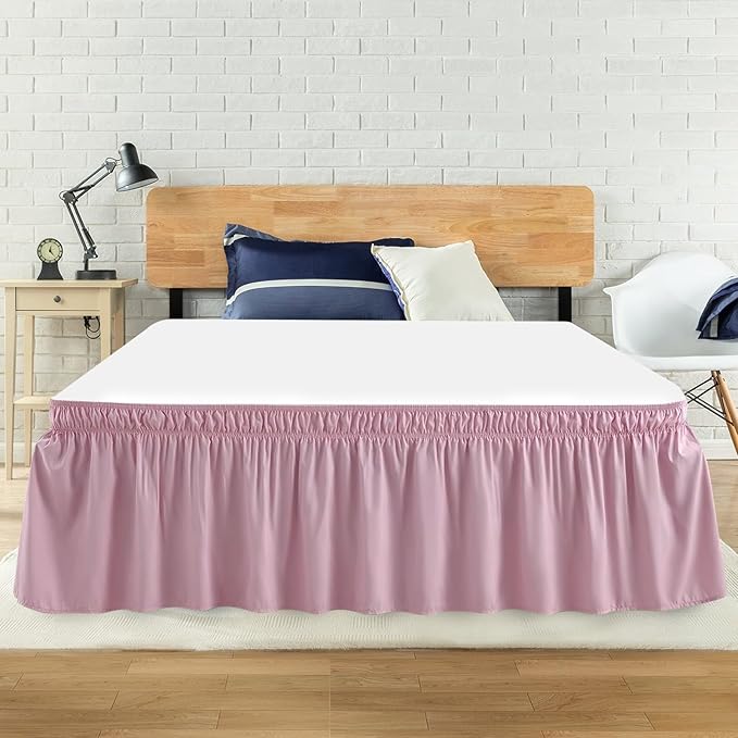 Twin Bed Skirt, Elastic Wrap Around Bed Skirt Twin Size, Bed Skirts for Adjustable Bed, Easy Fit with 18" Drop Length Tailored Drop Dust Ruffle (Pink)