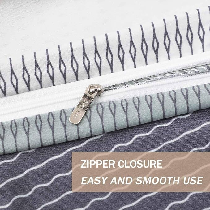 Nanko Duvet Cover Set Full Size 3pc 80x90 Gray Mint Green Striped Pattern Printed Luxury Microfiber Comforter Quilt Bedding Cover with Zipper Closure Ties - Modern for Men and Women Chambray