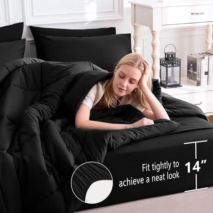 CozyLux Queen Comforter Set Black, 7 Pieces Bed in a Bag, Black Comforter Queen Size, All Season Bedding Sets with Stitch Quilted Comforter, Flat Sheet, Fitted Sheet, Pillowcases (Pack of 2)