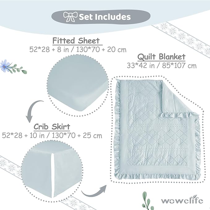 Wowelife Baby Crib Bedding Set for Girls, 3 Piece Boho Crib Comforter Set Ruffle, Baby Boy Crib Bedding Set Nursery Blanket Set Neutral Include Quilted Comforter, Crib Skirt and Sheet, Blue