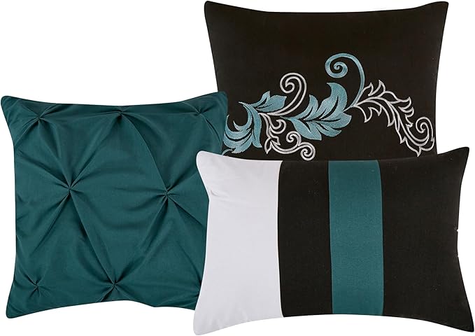 Chezmoi Collection Napa 7-Piece Luxury Leaves Scroll Embroidery Bedding Comforter Set (Oversized King, Teal/Black/Gray)