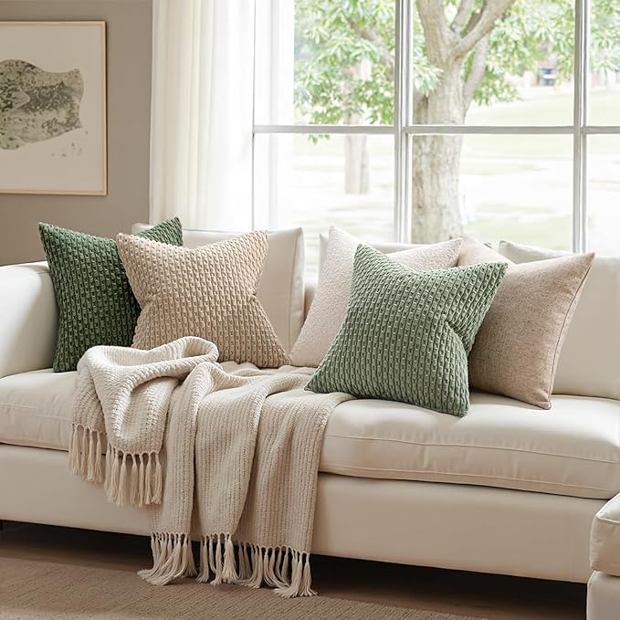 MIULEE Pack of 2 Decorative Throw Pillow Covers 26x26 Inch Soft Boho Striped Textured Corduroy Pillow Covers Spring Modern Farmhouse Home Decor for Couch Bed Sofa Living Room Sage Green