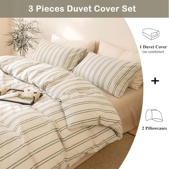 VM VOUGEMARKET 100% Washed Cotton Striped Duvet Cover Sets King,Beige Duvet Cover with Gray Stripes Pattern Printed Comforter Cover with Zipper Closure & Corner Ties(3pcs,King Size)