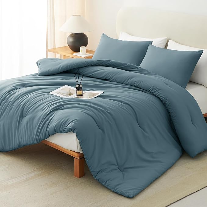 CozyLux Queen Comforter Set Mineral Blue, 3 Pieces Solid Queen Comforter Breathable Quilted Bedding Sets, Luxury Soft Bed Set with Down Alternative Comforter All Season (1 Comforter & 2 Pillowcases)
