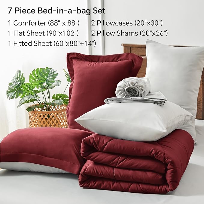 BEDELITE Queen Comforter Set 7 Pieces Bed in A Bag - Soft Microfiber Reversible Burgundy Bed Set with Comforters, Sheets, Pillowcases & Shams, Cozy Luxury Bedding Sets for All Season